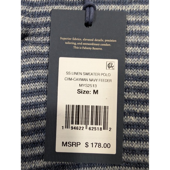Faherty Reserve Mens SS Linen Sweater Polo Cayman Navy Stripe MYS2513 M New - Picture 5 of 8